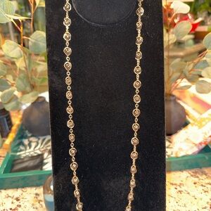 Long Gold Tone Station Necklace Crystal Bezel Chain 32”